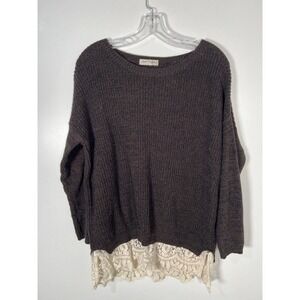 Bear Dance Brown Marled Knit Sweater Crochet Lace Hem Boho Cottagecore Small